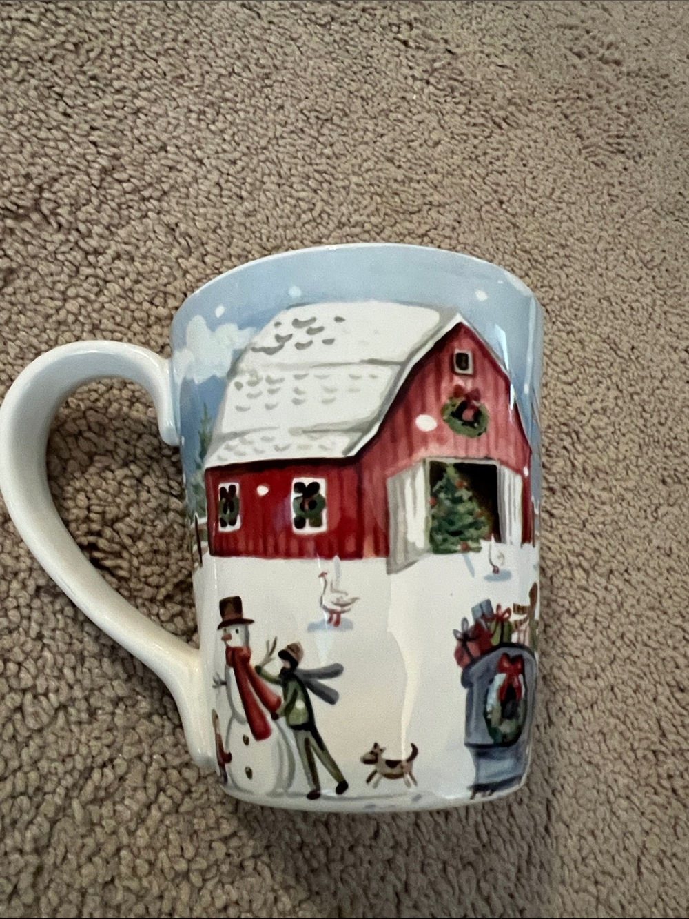 Pier 1 Red Barn Holiday Mug with Snowy Scene sleigh snowman